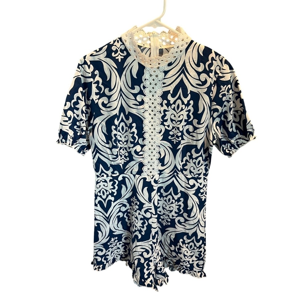 SHEIN Women Blue White Damask Lace Trim Romper Short Puff Sleeve Size L 8/10